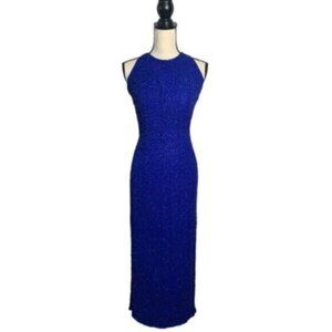 Andretta Donatello Blue Vintage Silk Beaded Formal Maxi Dress